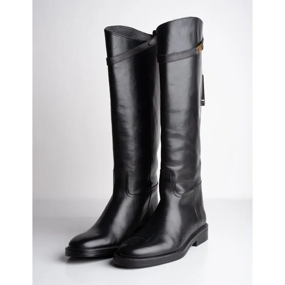 Massimo Dutti Womens Knee High Leather Riding Boots Black US 9 EU 40 NWD